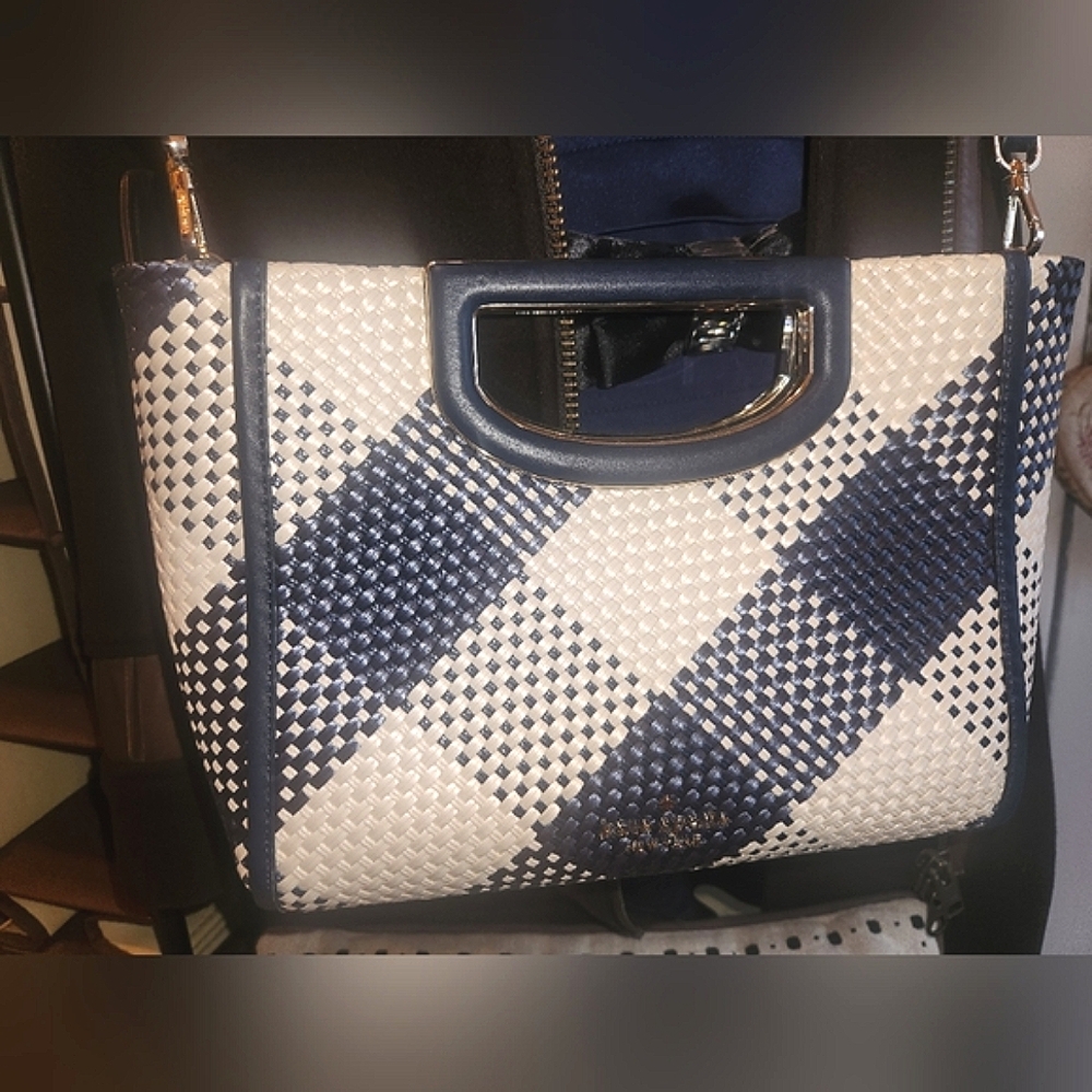 Kate Spade Akexia Gingham Blue &White Crossbody Bag with Woven Pattern